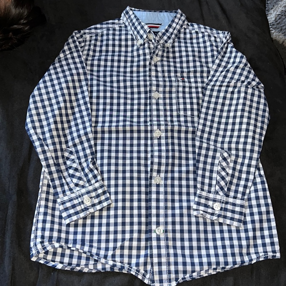 Tommy Hilfiger Kid Boy White & Navy Plaid Button Down Long Sleeve Top